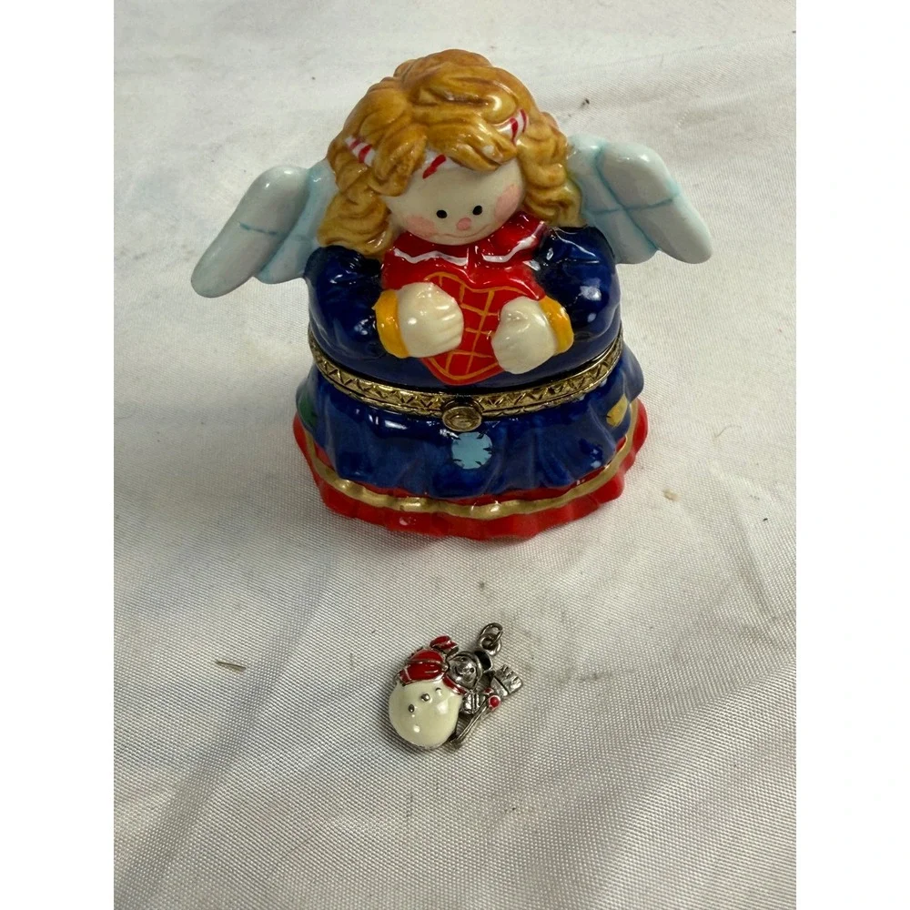 Autom Angel Ceramic Hinged Trinket Box with Snowman Charm Christmas Decor